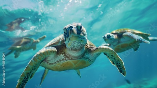 Beneath the surface of the ocean a group of curious divers observe a family of sea turtles gliding gracefully through the water.