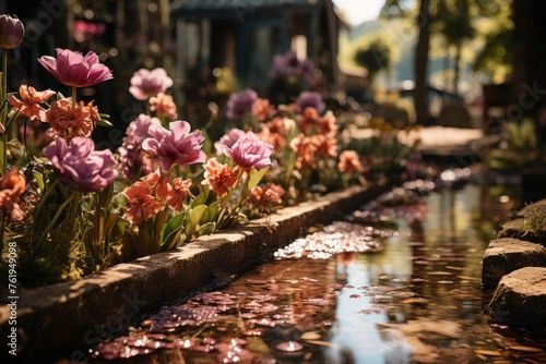 A stream flows through a garden with blooming flowers and lush greenery
