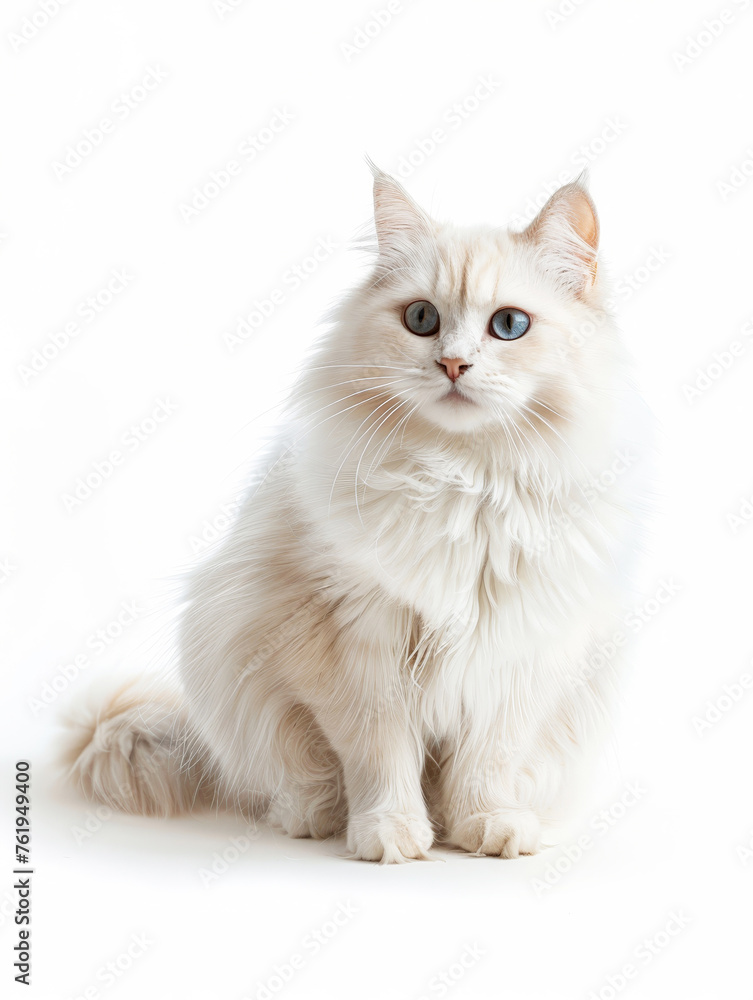 white cat sitting on the ground , transparent white background .AI generative