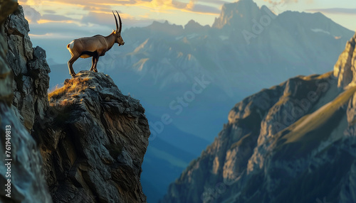An ibex stands on the edge of a mountain cliff against the backdrop of a stunning sunset