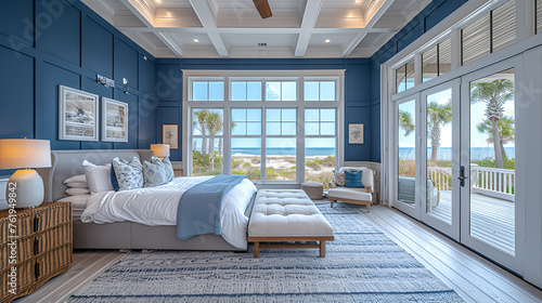 Bedroom - Beach house - blue with light brown trim - meticulous symmetry - coastal design - casual flair - windows  photo