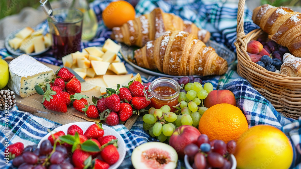 A vibrant array of seasonal fruits and cheeses adorns the picnic blanket ready to be paired with warm croissants and jam.