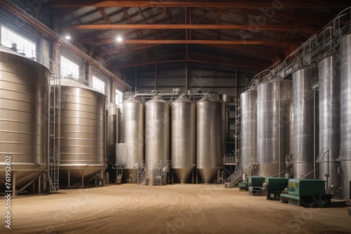 Agricultural silo processing plant in feed factory. Large tank for storing grain, wheat, corn, soybeans photo