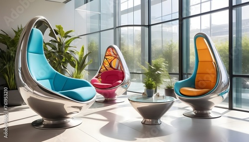 An ultra-modern pod chair with dynamic curves and a metallic finish, located in a futuristic, sunlit atrium filled with abstract plant sculptures and large glass panels.