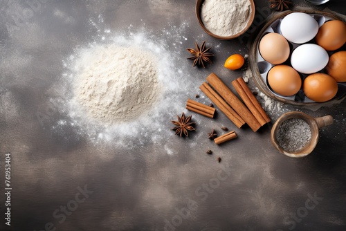Baking homemade cookies on gray kitchen worktop with ingredients flour, eggs, sugar and cinnamon. culinary background, copy space, overhead view