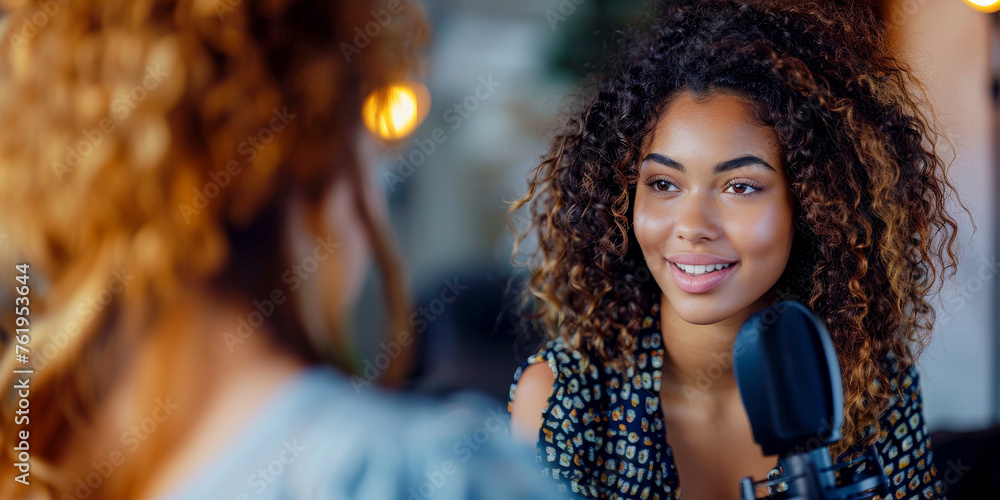 a woman doing a podcast interview. generative ai a woman doing a podcast interview. generative ai
