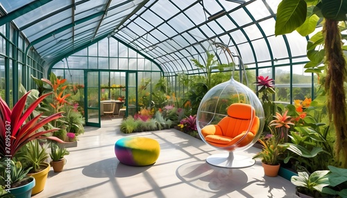 A pod chair with a sculptural form, resembling a crystalline structure, positioned in a sun-drenched conservatory filled with towering potted plants and natural light.