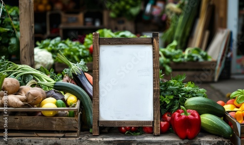 a rustic wooden frame holding a blank white sign, surrounded by a variety of fresh vegetables, creating a farm-stand or farmers market scene.