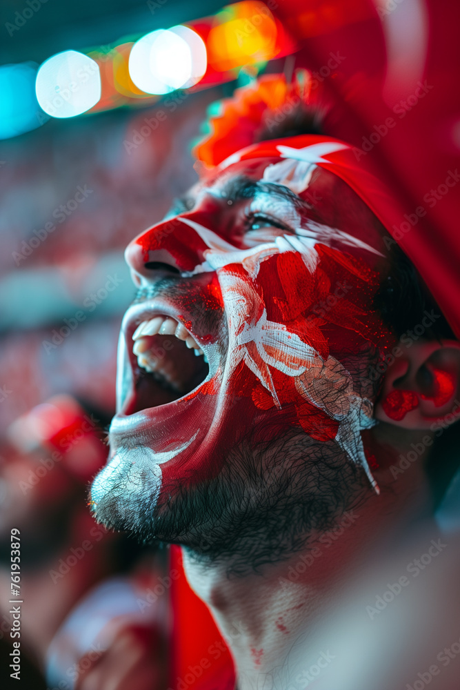 Excited turkey flag face painted sports fan with blurry stadium background