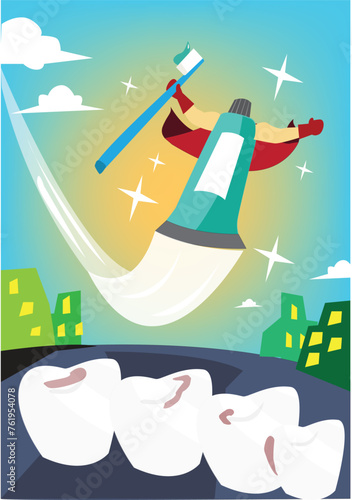 Flying superhero toothpaste mascot with brush rescuing a teeth with tartar or refreshes them from bad breath. Editable Clip art.