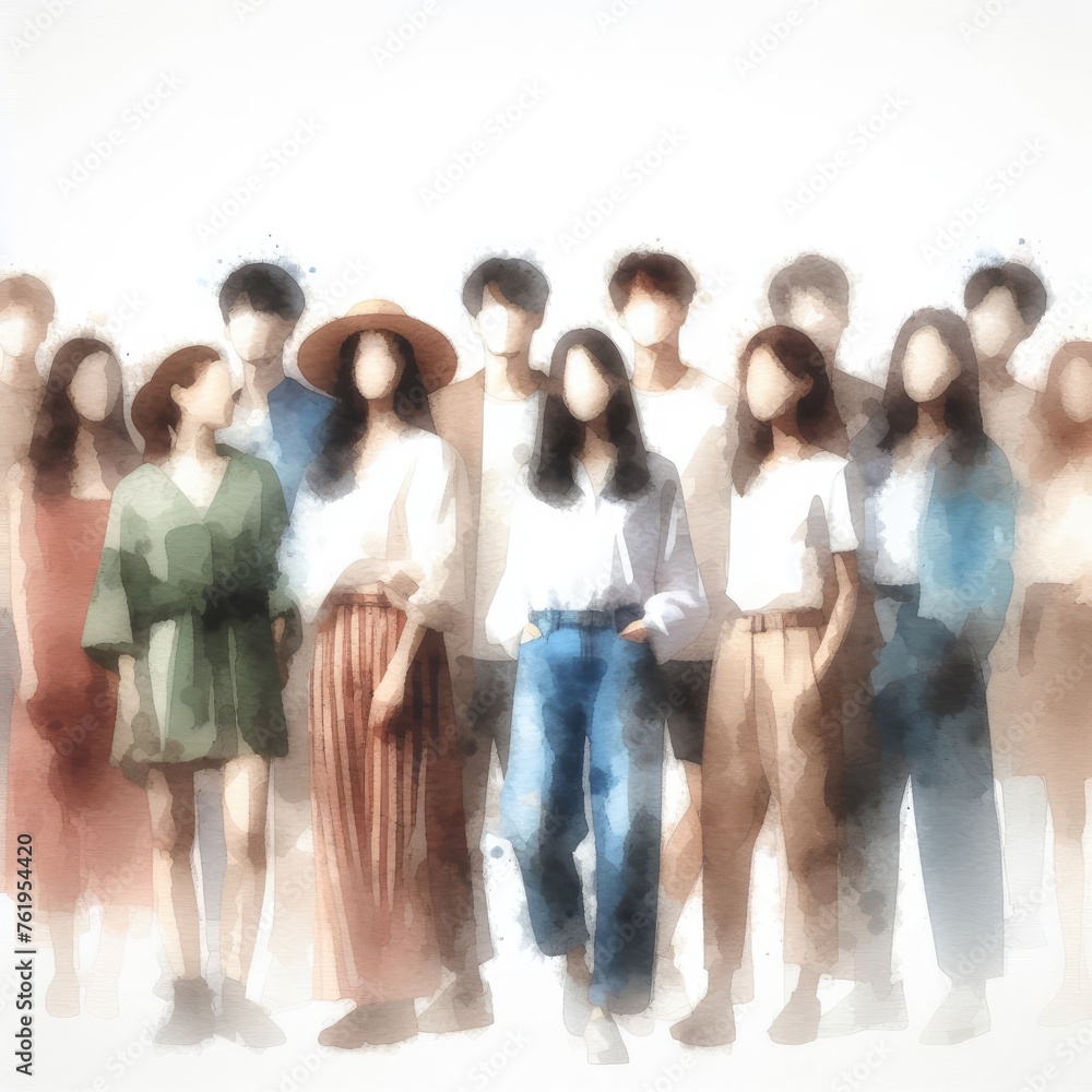 Group of abstract diverse people, Friends or coworkers are standing, hugging, posing together in watercolor with Generative AI.