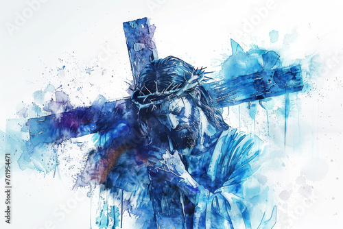 Jesus Christ Carrying the Cross blue watercolor
