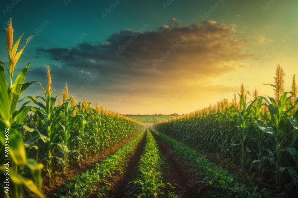 Agricultural technology in corn field with modern equipment and technology, agriculture, farming and harvesting concept