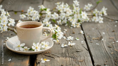 Cup of tea with white flowers on a wooden table. Beautiful spring background, close up.