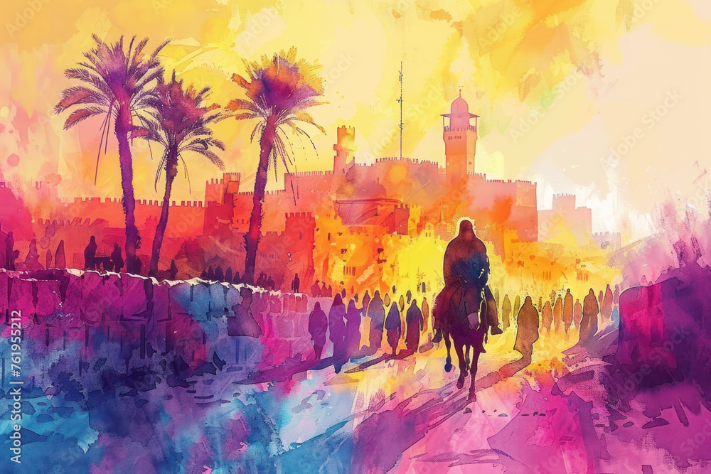 Naklejka premium Purple watercolor of Jesus riding a donkey to Jerusalem, palm sunday