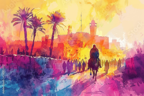 Purple watercolor of Jesus riding a donkey to Jerusalem, palm sunday photo