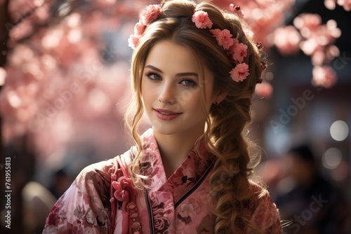 a woman in a kimono with flowers in her hair is standing in front of a cherry blossom tree