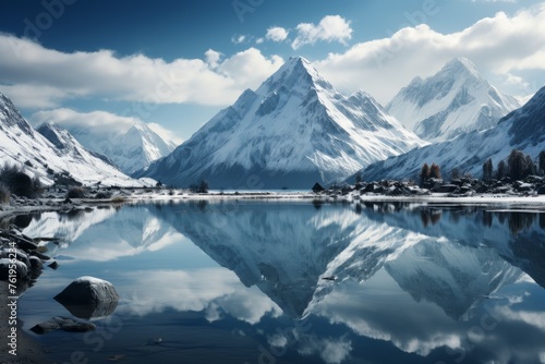 Snowy mountain reflected in water surrounded by snowcovered mountains