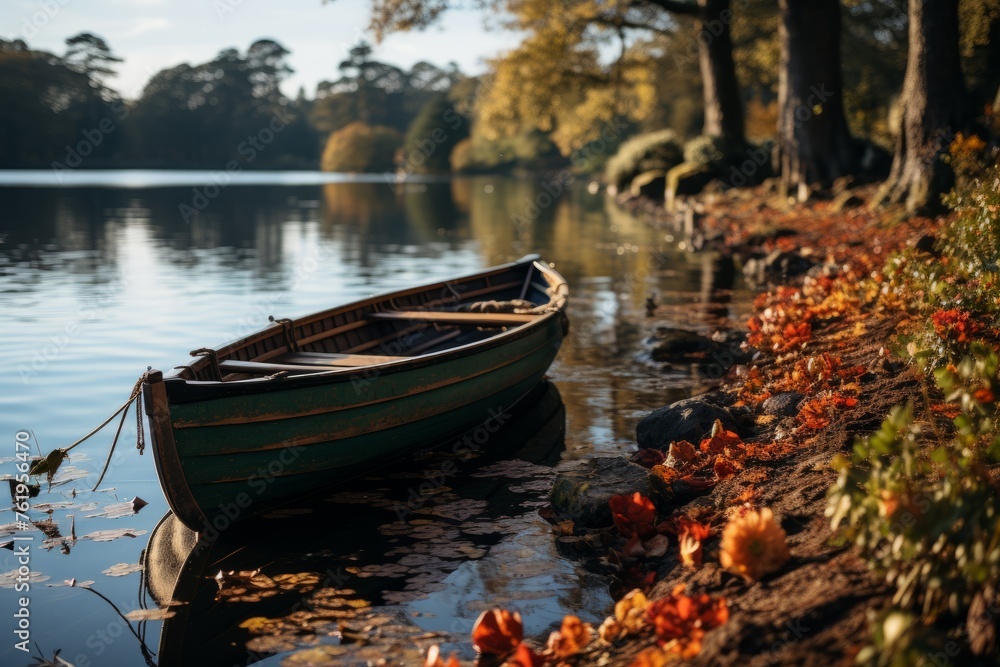 A watercraft resting on lake shore surrounded by trees and natural landscape