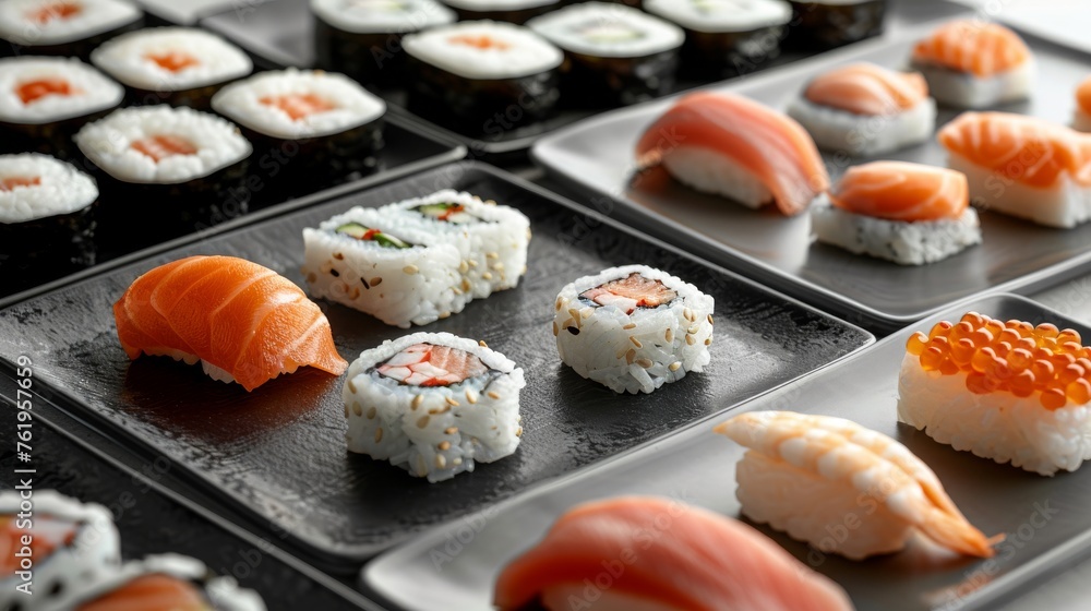 Deluxe sushi platter presentation for advertisement shot Deluxe sushi platter presentation for advertisement shot