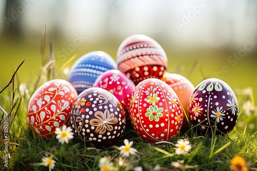 Cute decorated Easter eggs are against white background on green grasses