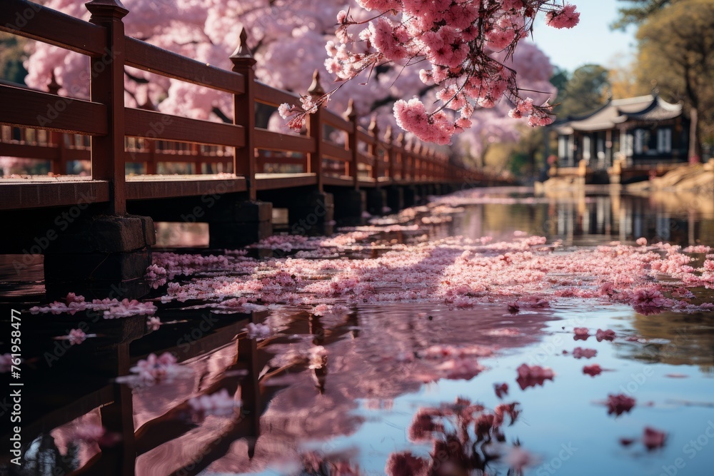 A bridge over water surrounded by cherry blossom trees in a natural landscape
