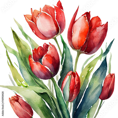 watercolor red tulip flowers bouquet on white background #761958428