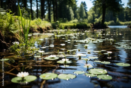 Water lilies in a pond with trees in the background