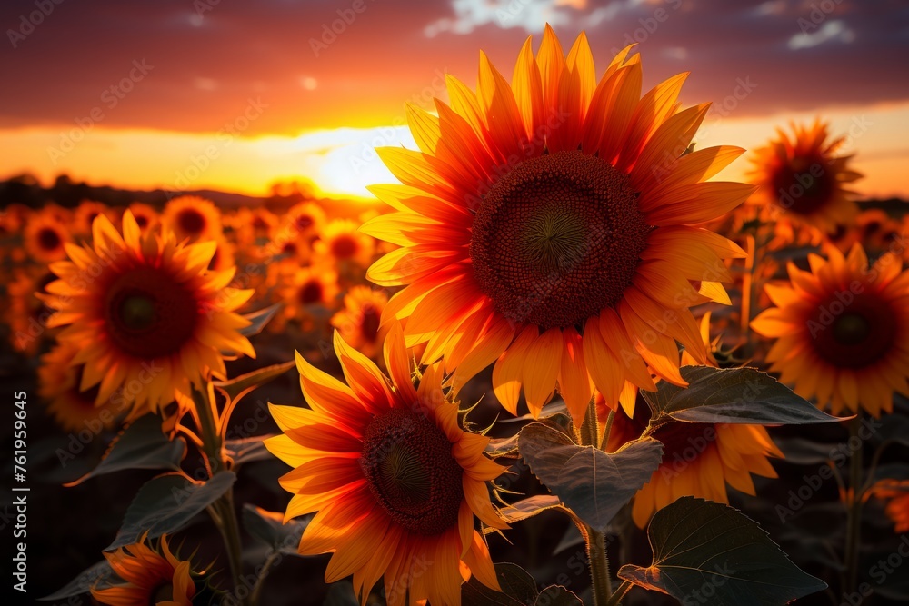 Field of sunflowers at sunset with orange sky, happy and natural landscape