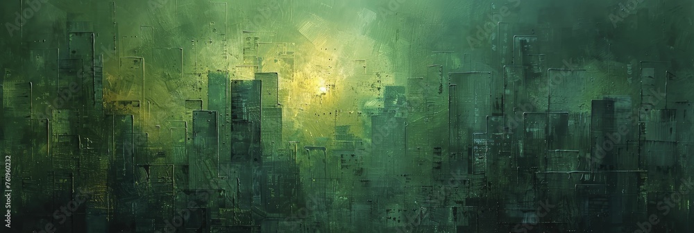 Sustainable Urban Living. Cityscape Abstract in Shades of Green and Blue.