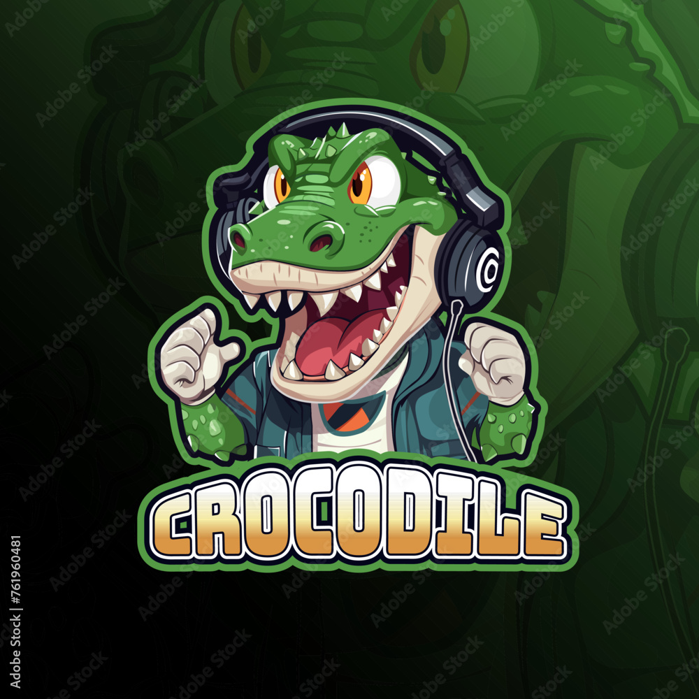 Crocodile with headphone mascot logo design vector for badge, emblem, esport and t-shirt printing Crocodile with headphone mascot logo design vector for badge, emblem, esport and t-shirt printing