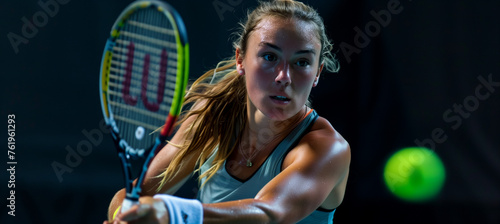 Intense female tennis player in action with focused gaze on dark background