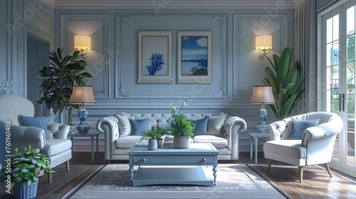 Light blue The living room has been adorned with lamps and potted trees.3D renderings,Elegant and Tranquil Room Design. White and Light Blue Interior with Stylish Furniture