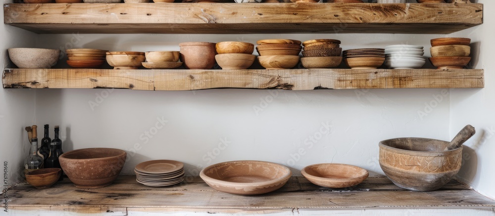 Kitchen shelves with clay and wooden bowls Kitchen shelves with clay and wooden bowls