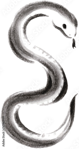 年賀状　2025　巳年　巳　蛇　へび年　墨絵　水墨画　筆　手描き　イラスト素材
