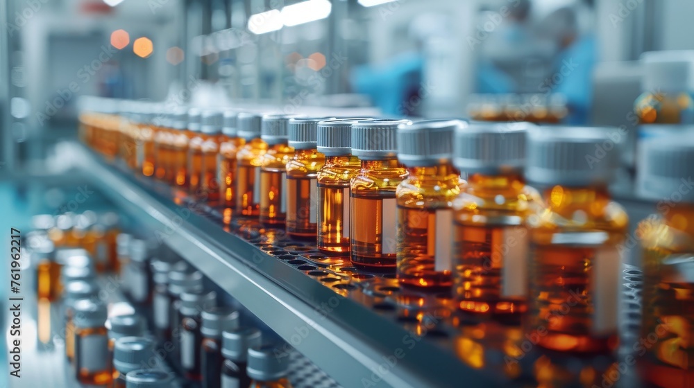 Row of Amber Glass Vials in a Pharmaceutical Production Line with Blurred Background Row of Amber Glass Vials in a Pharmaceutical Production Line with Blurred Background