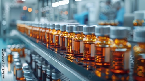 Row of Amber Glass Vials in a Pharmaceutical Production Line with Blurred Background