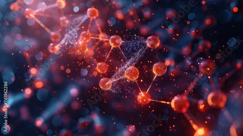 Close-up of Red Molecular Network with Sparkling Particles in 3D Design