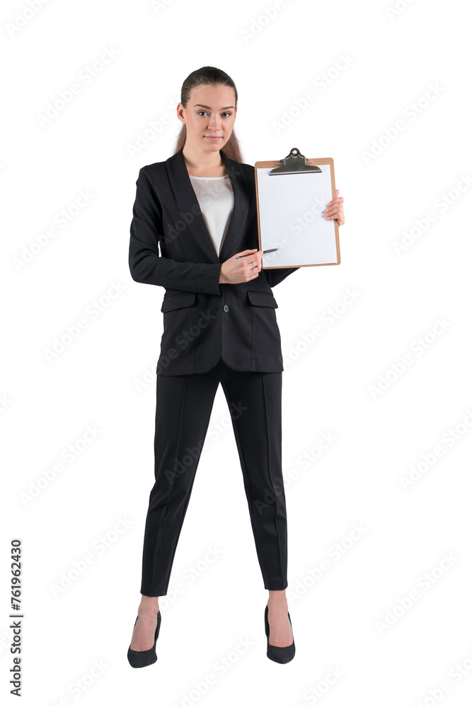 Businesswoman in a suit holding a clipboard with a blank sheet of paper, isolated on a white background. Professional presentation concept. Mockup, copy space.