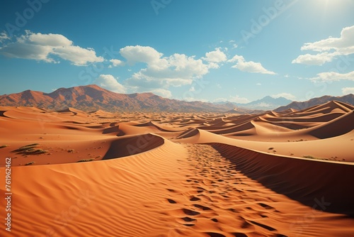 Sand dunes in desert, mountains as backdrop in natural landscape