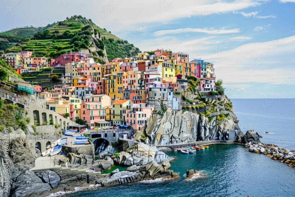Wander through a picturesque coastal town, where colorful buildings perch on cliffs overlooking the sparkling sea below, Generative AI - obrazy, fototapety, plakaty 