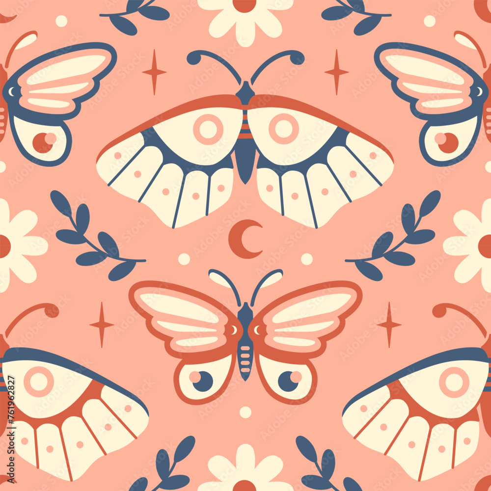 Vintage Bohemian vibes in mystical vector pattern. Moths and butterflies. Spring garden aesthetic. Limited palette design for versatile use on fabric or as backdrop. Ethereal, sacred vibes. - obrazy, fototapety, plakaty 