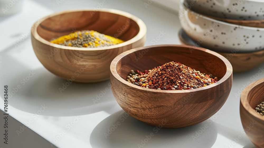 Wooden bowl of spices on white table.