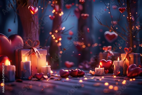 A A romantic scene with hearts and gifts illuminated in a warm