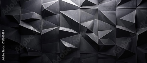 A black abstract geometric wall creating a 3D effect with dramatic lighting and shadow.