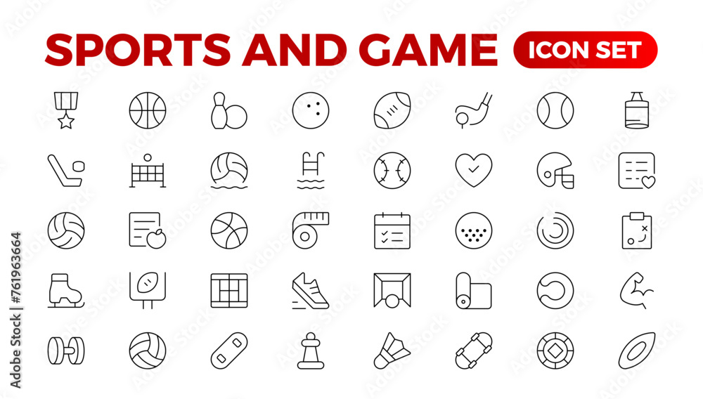 Sports & Game icon set. Hobby and lifestyle line icons collection. Religion, sport, game, fitness, music, cinema icons. UI icon set. Thin outline icons pack. Outline icon collection. Sports & Game icon set. Hobby and lifestyle line icons collection. Religion, sport, game, fitness, music, cinema icons. UI icon set. Thin outline icons pack. Outline icon collection.