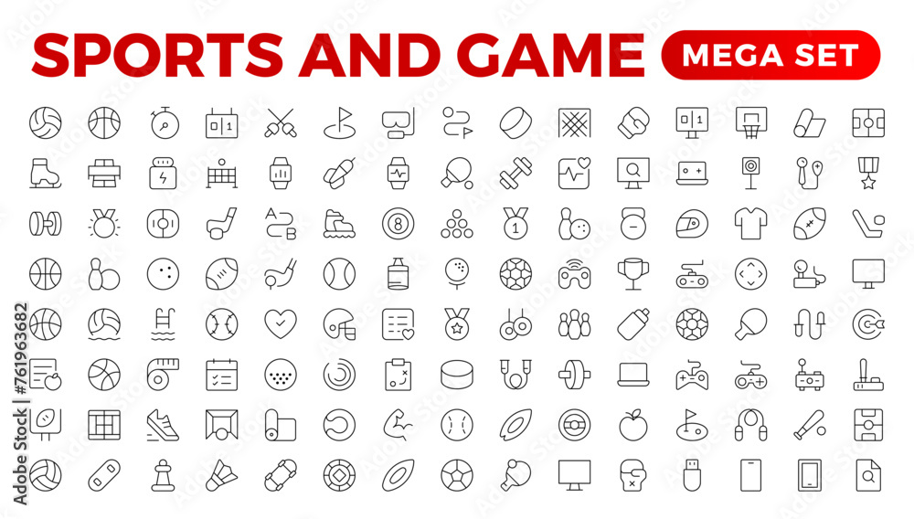 Sports & Game icon set. Hobby and lifestyle line icons collection. Religion, sport, game, fitness, music, cinema icons. UI icon set. Thin outline icons pack. Outline icon collection. - obrazy, fototapety, plakaty 