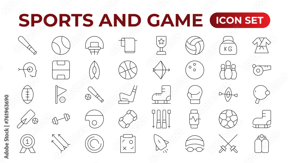 Sports & Game icon set. Hobby and lifestyle line icons collection. Religion, sport, game, fitness, music, cinema icons. UI icon set. Thin outline icons pack. Outline icon collection. Sports & Game icon set. Hobby and lifestyle line icons collection. Religion, sport, game, fitness, music, cinema icons. UI icon set. Thin outline icons pack. Outline icon collection.