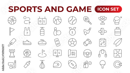 Sports & Game icon set. Hobby and lifestyle line icons collection. Religion, sport, game, fitness, music, cinema icons. UI icon set. Thin outline icons pack. Outline icon collection.