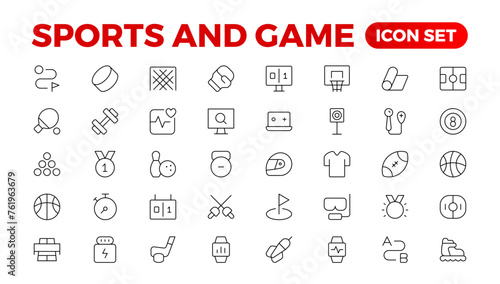 Sports & Game icon set. Hobby and lifestyle line icons collection. Religion, sport, game, fitness, music, cinema icons. UI icon set. Thin outline icons pack. Outline icon collection.